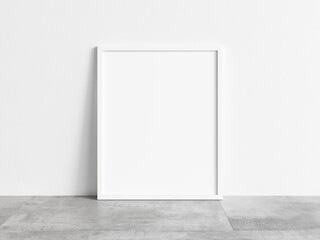 Vertical empty white frame mock up on concrete floor. Empty frame mockup. 3d illustrations.