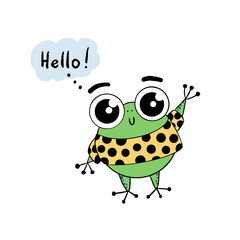 A cute funny frog in a yellow polka-dot t-shirt stands and waves his paw and says Hello. A delightful print for t-shirts, sticker, mascot, character.
