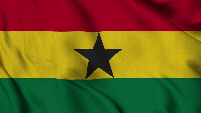 Ghana national flag waving with fabric texture fluttering in wind in a seamless loop in smooth slowmotion animation background