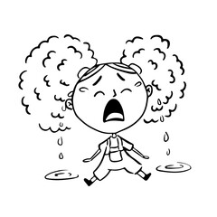 Vector sketch illustration of a little charming girl with big curls. A crying baby sits on the floor with puddles of tears.