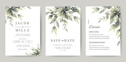 wedding invitation template card set with greenery watercolor leave and branch