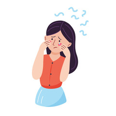 Vector illustration of an upset woman. Portrait of a crying brunette girl in an orange dress in a simple flat style isolated on a white background. The concept of bad mood, sadness, depression.