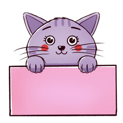 Cute cartoon smile cat are holding sign. Banner, poster for advertising or announcements on the topic of pets, animals. Element for design, graphics.