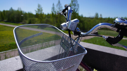 close up Bicycle handlebar in summer in the sun Bicycle flashlight for summer travel and walking on vacation