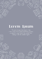 Music - vertical card with text and vector outline illustrations of sound equipment for graphic design