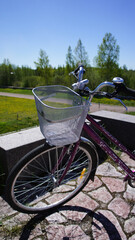 close up Bicycle handlebar in summer Bicycle flashlight for summer travel and walking on vacation