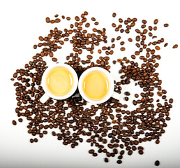 coffee beans and cup of coffee on the table