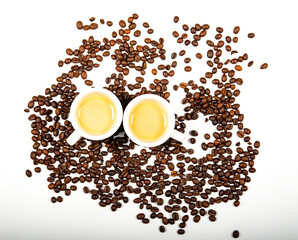 coffee beans and cup of coffee on the table