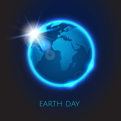 Rising Sun over the planet Earth . Earth day. Vector space background.