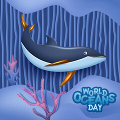 world oceans day 3d image concept. natural environment. Vector illustrationworld oceans day banner with cute dolphin. Vector illustration