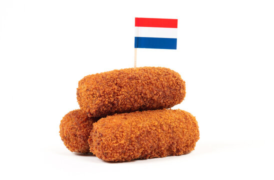 Brown crusty dutch kroketten with dutch flag