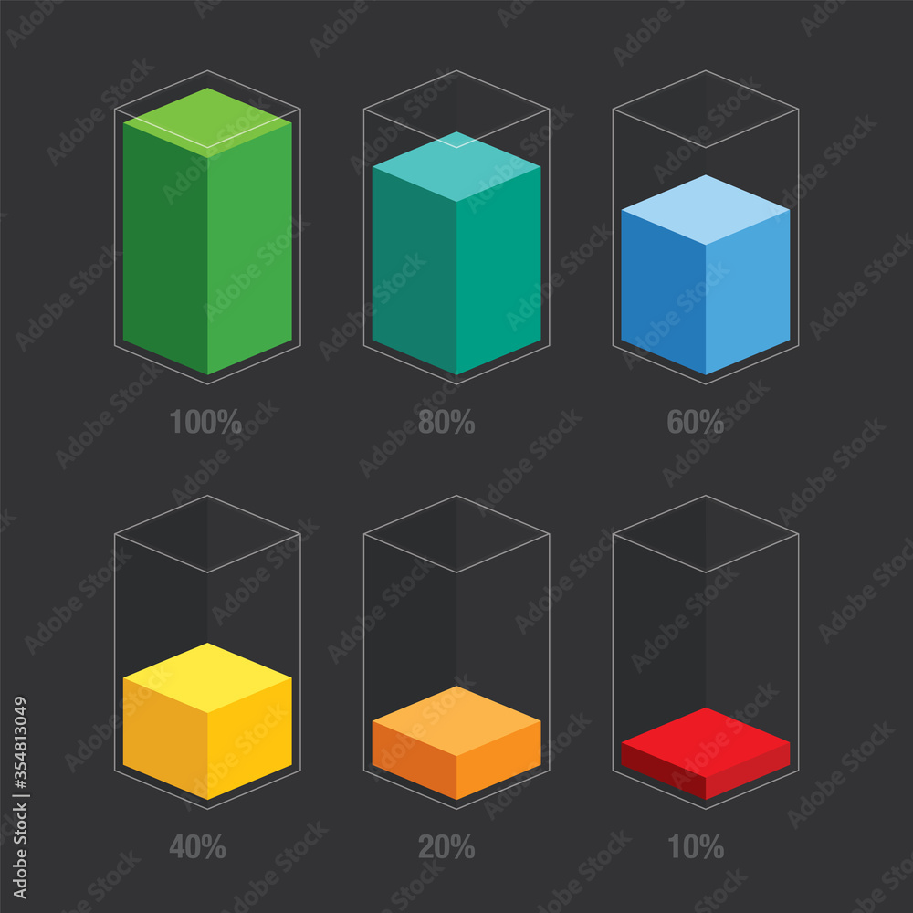 Poster rainbow colors chart glass bars 10% 20% 40% 60% 80% 100%, number. flat design interface illustration