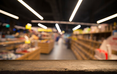 Wood top table on blur supermarket background