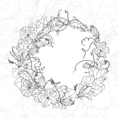 Vector square black and white autumn card. Wreath of leaves and flowers of pumpkin on line background. Hand line drawing. Template for Thanksgiving greeting card, Harvest festival invitation.