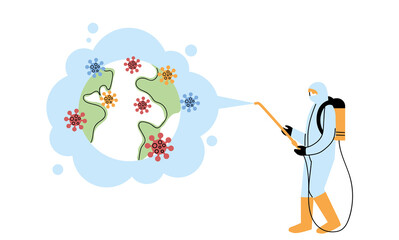 Man wearing protective suit and disinfectant isolated to avoid covid 19, disinfecting the world