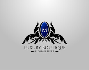 Luxury M Letter Logo. Vintage M Premium Badge Design for Royalty, Restaurant, Label, Letter Stamp, Boutique,  Hotel, Heraldic, Jewelry, Wedding.
