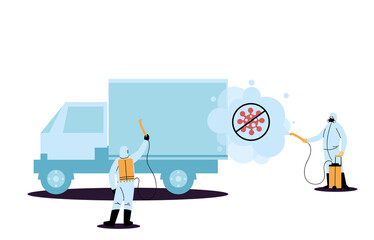 Men wearing protectives suits and disinfectant isolated to avoid covid 19, disinfect truck