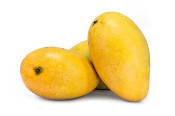 set of three fresh mangoes on white background