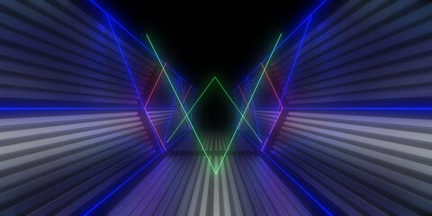 3D abstract background with neon lights.neon tunnel 3d illustration