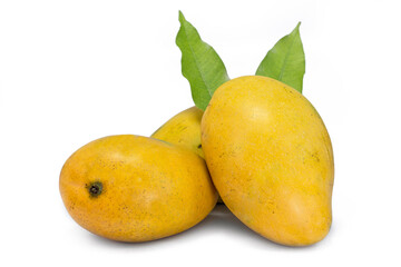 three mangoes on white background with green leaf