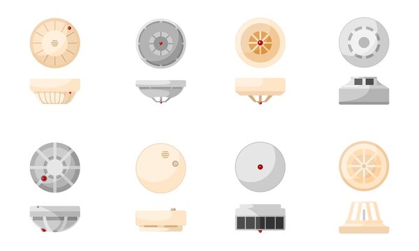 Set fire prevention smoke detector sensor on white background. Gas sensor in flat style. Home safety alarm.