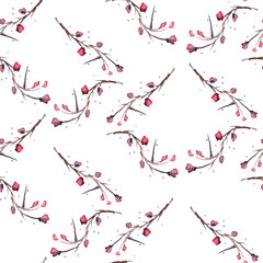 Watercolor seamless pattern with branches,  berries. Rosehip, viburnum, mountain ash on a branch. Decorative berry, flower. Abstract background. Wild grass, wild flower.
For paper, textile, design.