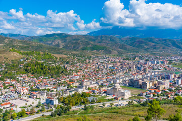 Aerial view of Berat dominated by the Albanian University, Albania