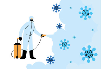Man wearing protective suit and disinfectant isolated to avoid covid 19