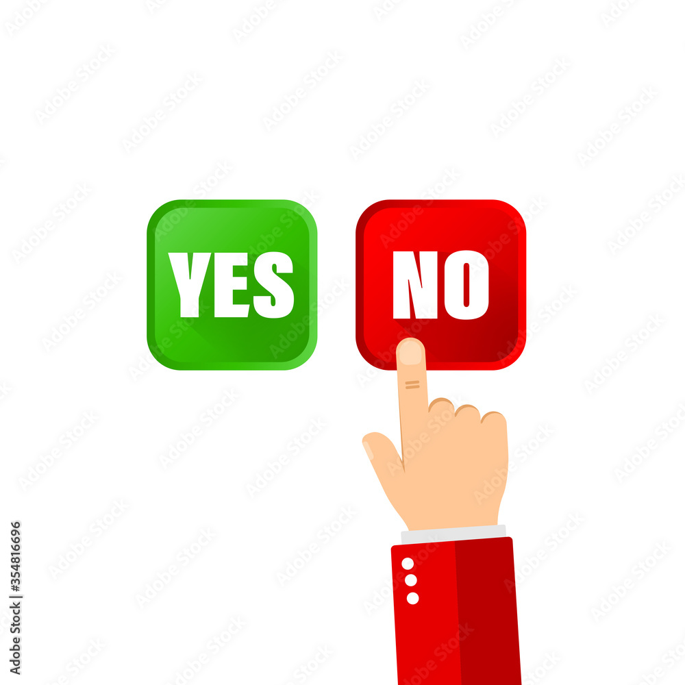 Poster yes no button and pointing hand icon flat for banners on isolated background. eps 10 vector
