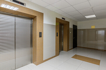 Russia, Moscow- January 27, 2020: interior public place, house entrance. doors, walls, corridors staircase