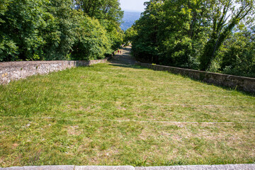Sacro Monte (VA), Italy - June 01, 2020: The path to pilgrimage village of Santa Maria del Monte on Sacro Monte di Varese, UNESCO, Santa Maria del Monte, Varese, Lombardy, Italy