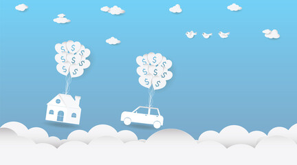 Business investment and real estate, Vector illustration of Paper house and car with balloon and symbol of dollar on blue sky and clouds background,Save money for prepare in future and Banking concept