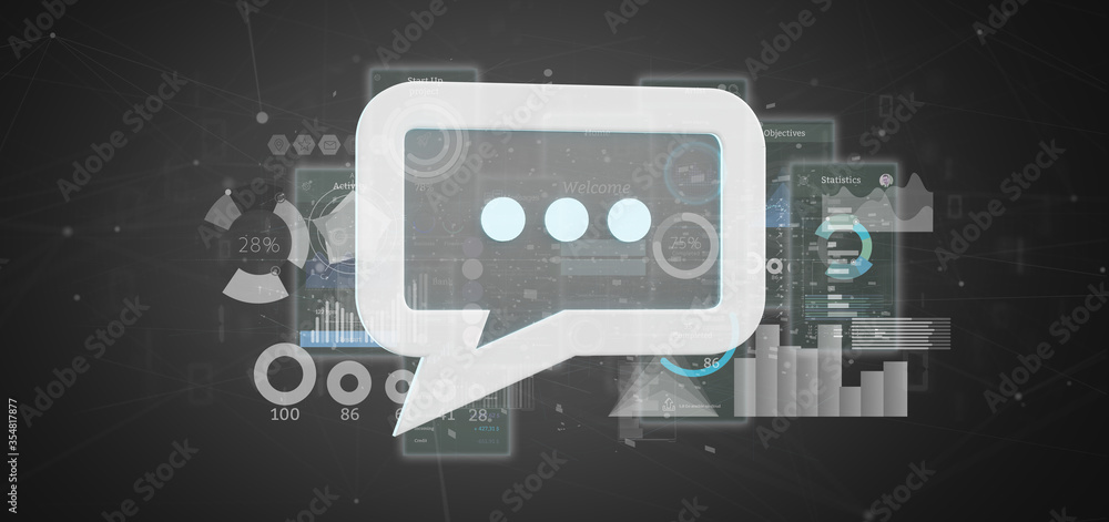 Poster view of a message icon with data in background - 3d rendering