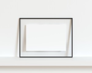 Horizontal black thin empty frame mock up on white wall. 3d illustration.