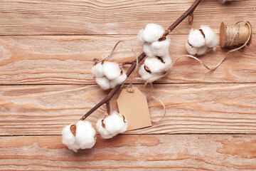 Beautiful cotton branch on wooden background