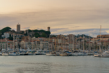 Luxury yachts harbor at golden hour view at Cannes Yacht Charter.
Cannes is one of the most famous resorts on the French Riviera and is home to a huge number of superyachts with its’ two large ports.