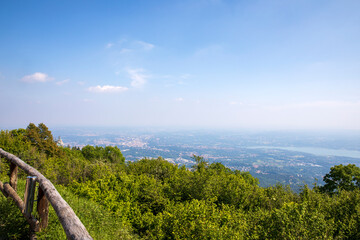 Sacro Monte (VA), Italy - June 01, 2020: The view at top hill at Campo dei fiori regional park, Varese, Lombardy, Italy