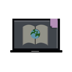 Laptop computer with book and global vector icon illustration. E-learning, Online education concept.