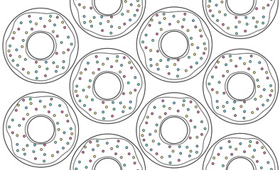 Fototapeta premium Seamless contour pattern with donuts top view with colorful sprinkles and glaze. Bakery sweet pastries. Vector outline texture for wallpapers, backgrounds and your creativity.