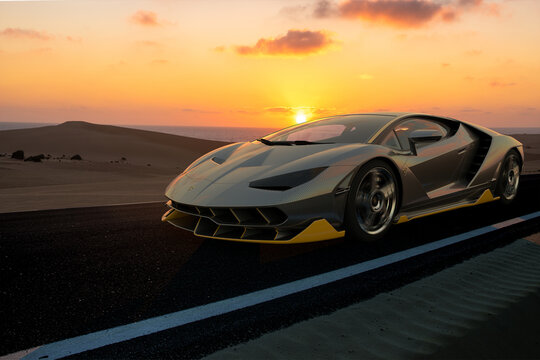 Lamborghini Centenario driving on a desert road
