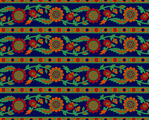 Seamless flower paisley pattern with navy background retro pattern