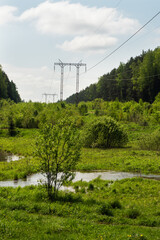 View of the river forest and electric high voltage structures. Green forest landscape with industrial objects.