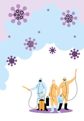 Men wearing protective suit and disinfectant isolated to avoid covid 19