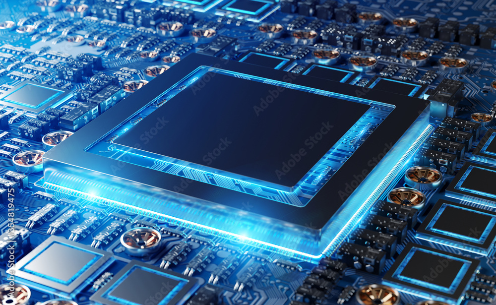 Fototapete close-up view of a modern gpu card with circuit 3d rendering