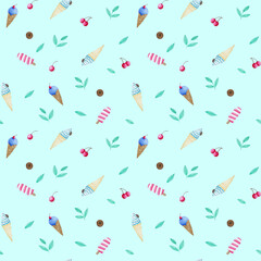 Seamless pattern with watercolor ice cream. Hand painted sweet summer dessert. Background ideal for textile and scrapbooking.
