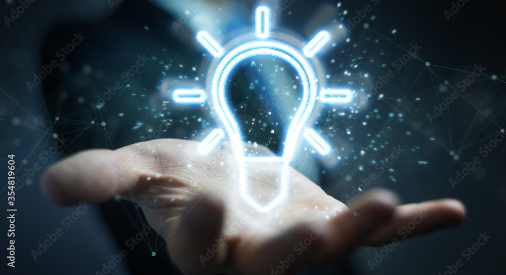 Poster man using lightbulb neon digital interface 3d rendering