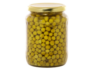 Jar of canned peas isolated on white background