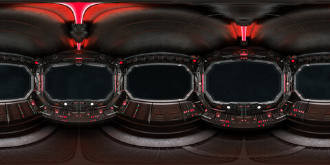 High resolution HDRI panoramic view of dark spaceship interior. 360 panorama reflection mapping of a futuristic spacecraft room 3D rendering © sdecoret