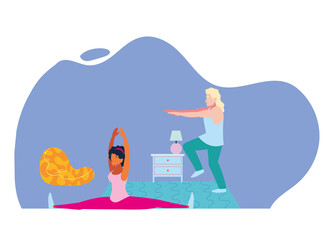 couple doing stretching and strength exercises at home