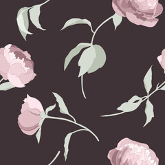 Obraz premium Vector seamless pattern with blossomed pink peonies, branches and leaves. Isolated flowers